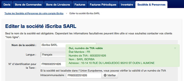 Vérifier un numéro de TVA avec iScriba