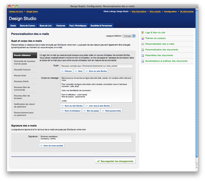 personnalisez le contenu des e-mails envoyés par iScriba en votre nom